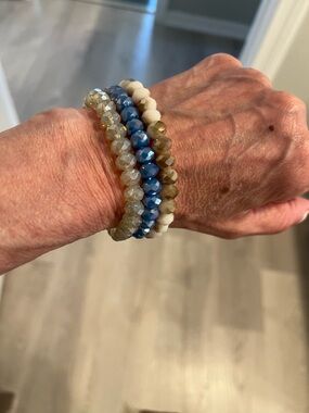 Stackable Beaded Stretch Bracelet Set in Blue, White and Gold Tones